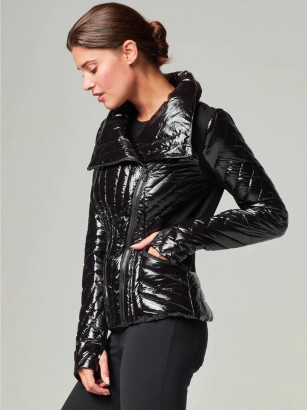blanc noir Shiny Quilted Black Puffer Jacket